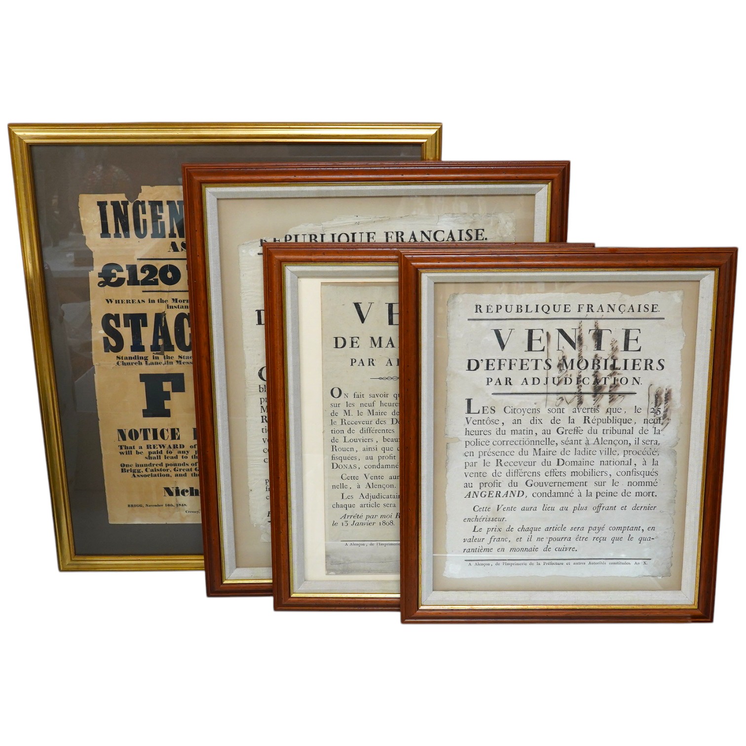 An Incendiary Fire Reward poster and three French Shipping sales posters, framed and glazed. Condition - poor to fair